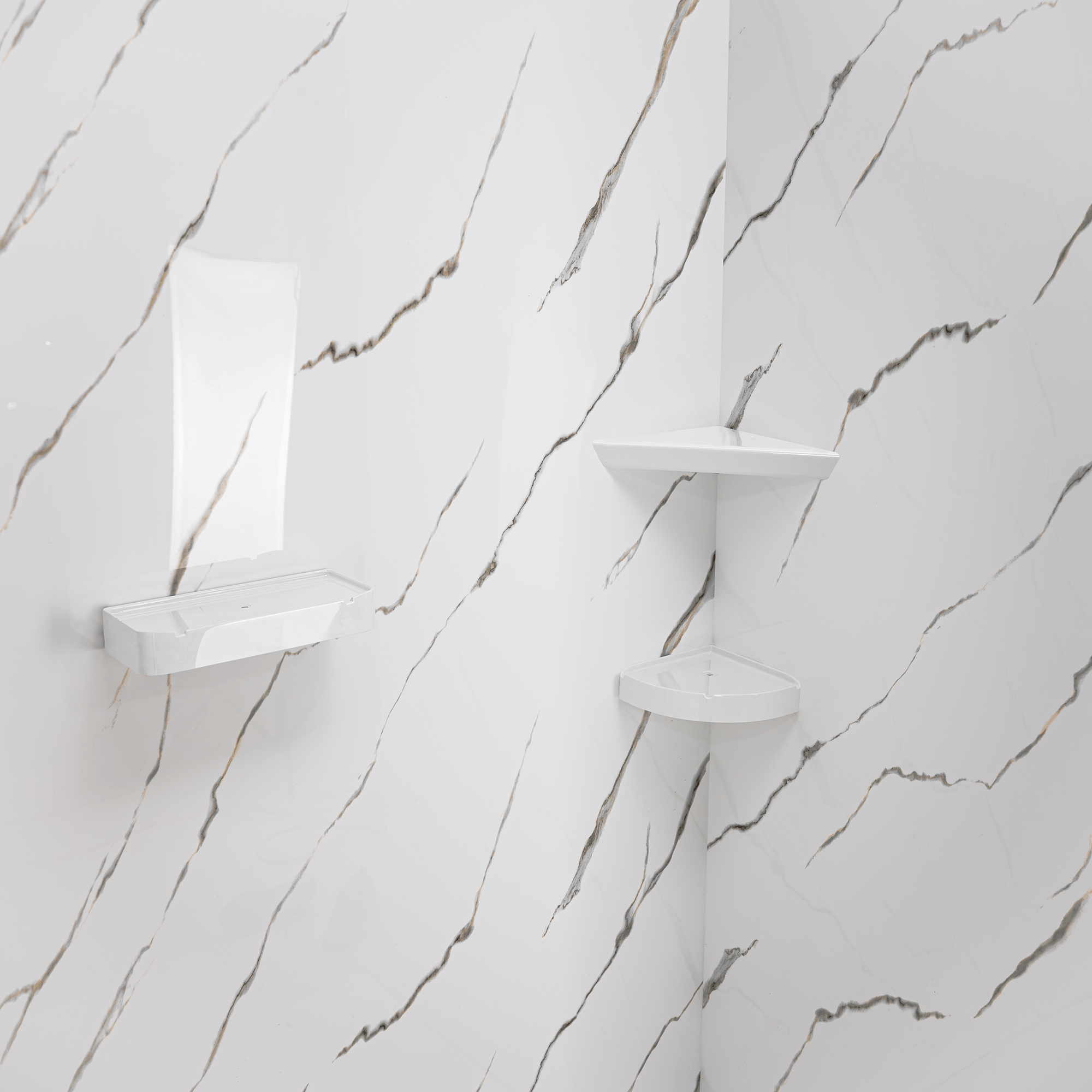 White acrylic soap dish and two corner shelves mounted on Calacatta Gold marble-look shower wall panels