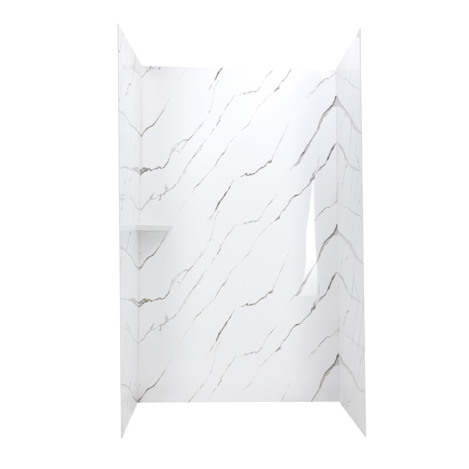 Calacatta Gold, Walk-In Tub Surround Wall Kit 40" x 48" x 60" - %3E - Three-panel Calacatta Gold acrylic shower wall surround with built-in corner shelves and elegant gold-veined marble pattern
