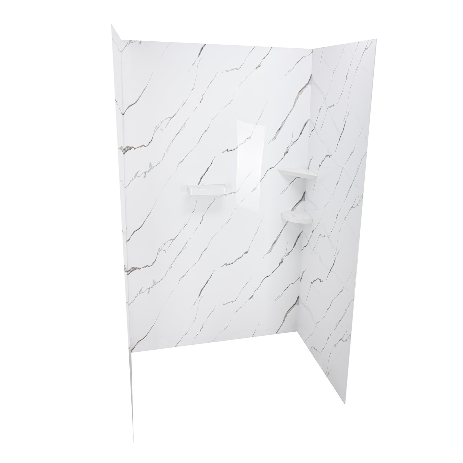 Calacatta Gold, Walk-In Tub Surround Wall Kit 40" x 48" x 60" - %3E - Ella acrylic shower wall surround in Calacatta Gold marble finish with corner shelves and soap dish holder