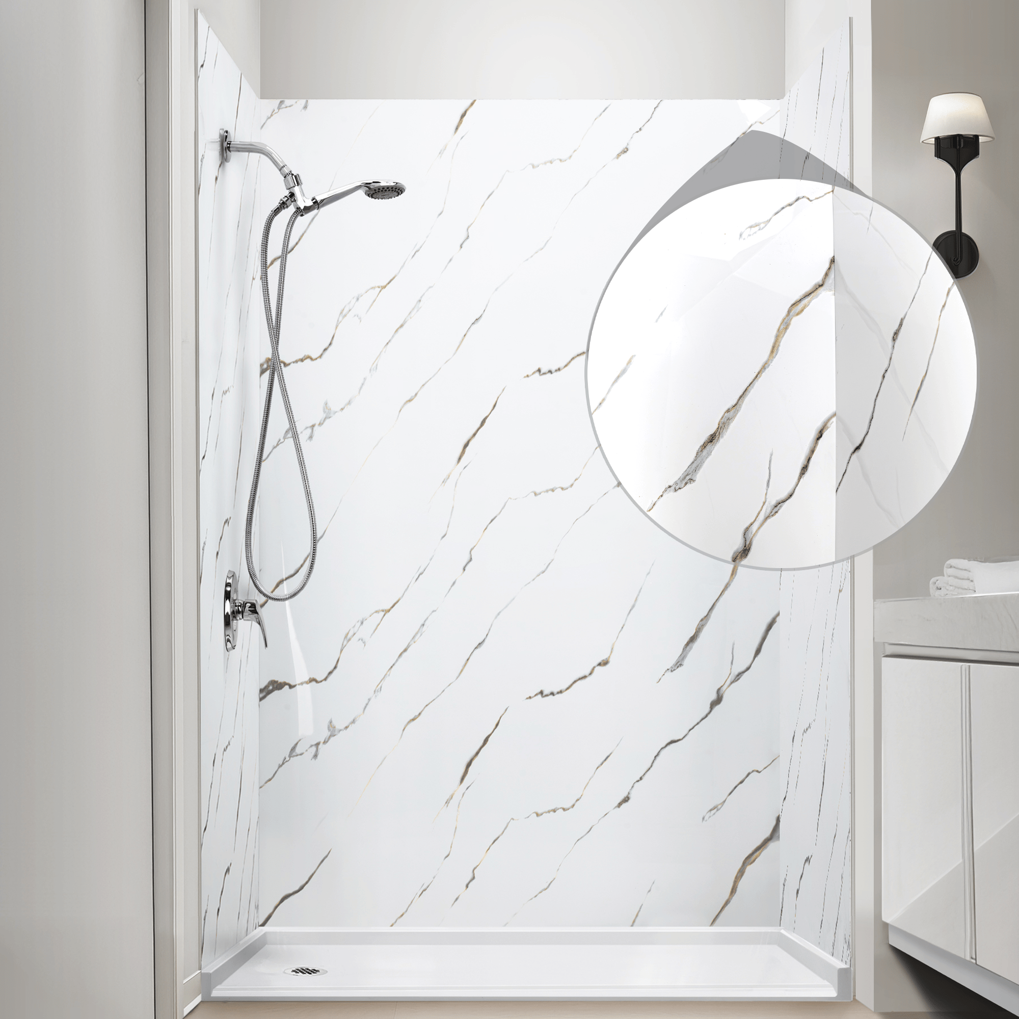 Ella's Bubbles Calacatta Gold acrylic panel shower wall kit with white marble veining and chrome handheld showerhead