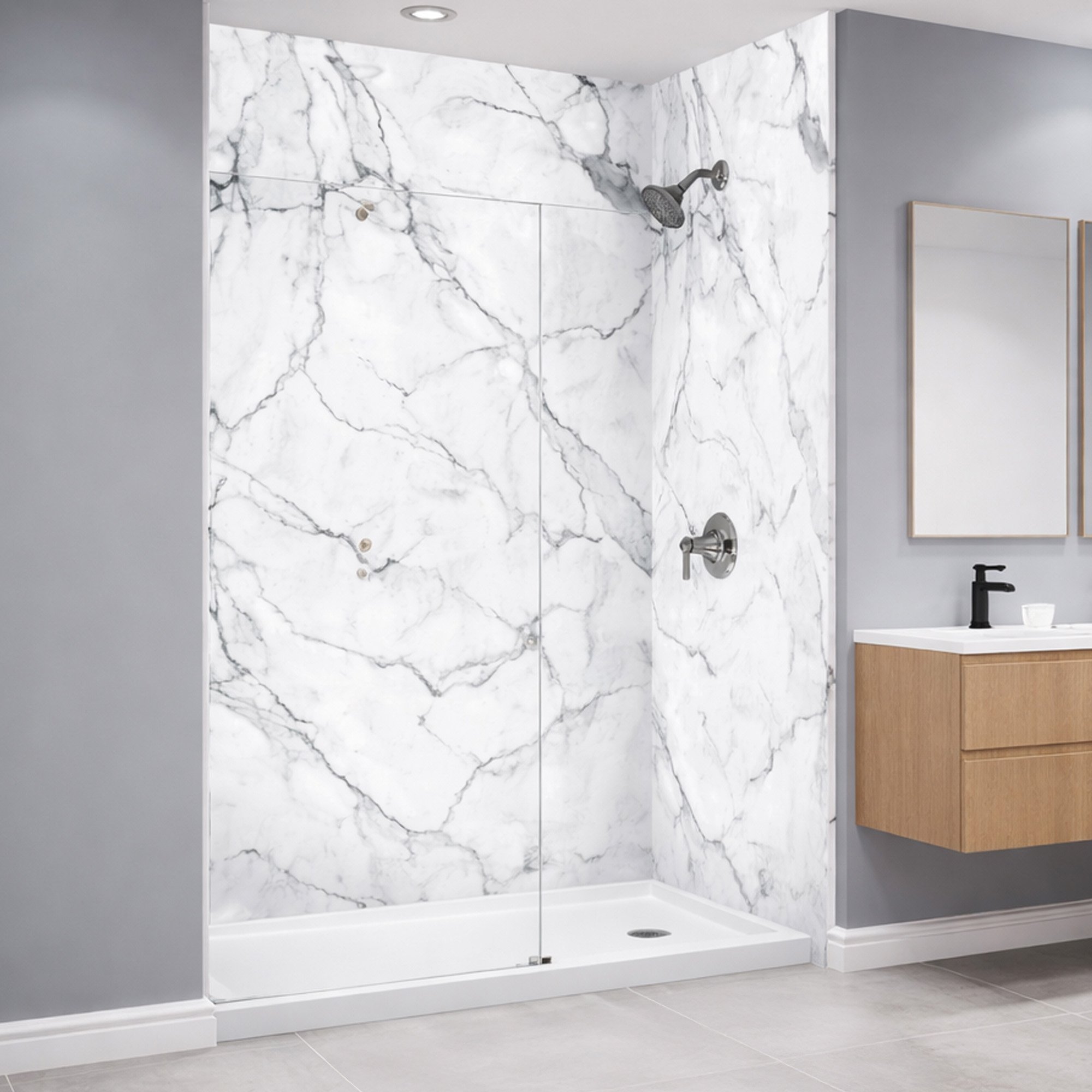 mur-de-douche-acrylique-calacatta-veine-arctique Cabine de douche à l’italienne Ella avec panneaux muraux en acrylique Arctic Vein Calacatta, receveur blanc et robinetterie en nickel brossé