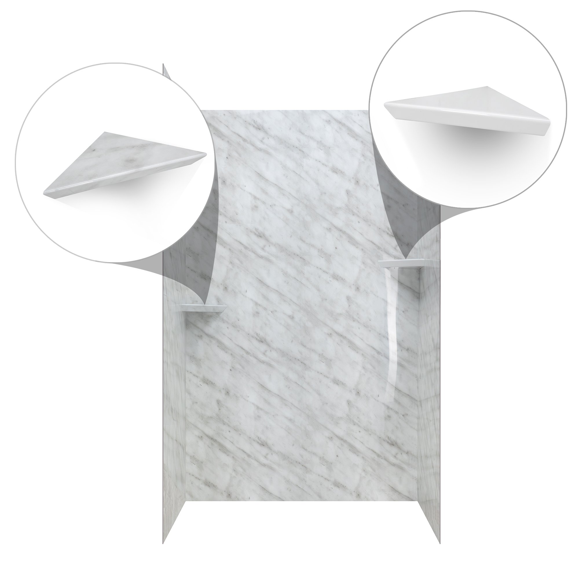 Ella Heritage Calacatta marble-look acrylic shower wall surround with close-up of matching and white corner shelf options