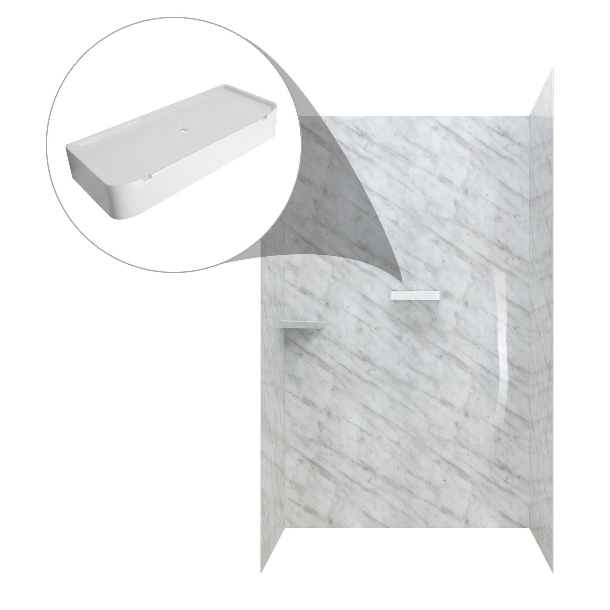 Kit mural de douche acrylique 3 panneaux Ella en marbre Carrara avec étagères intégrées et porte-savon blanc en accessoire