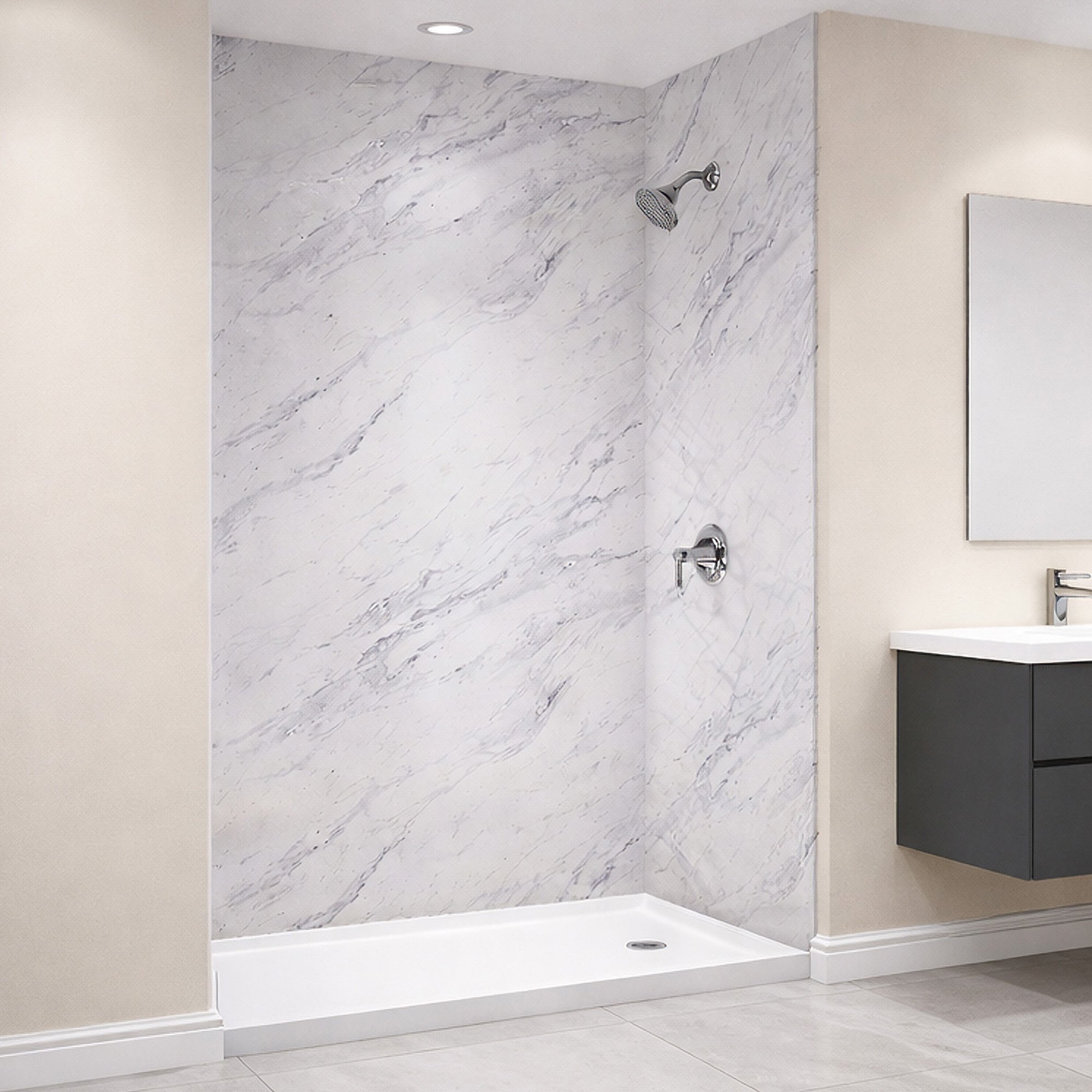 kit-de-panneaux-muraux-de-douche-en-marbre-de-carrare Cabine de douche Ella avec panneaux muraux aspect marbre Carrara, robinetterie chromée et receveur blanc à seuil bas