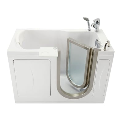 Ella Elite walk-in tub with open glass door, chrome faucet, handheld shower, and side tray on white background