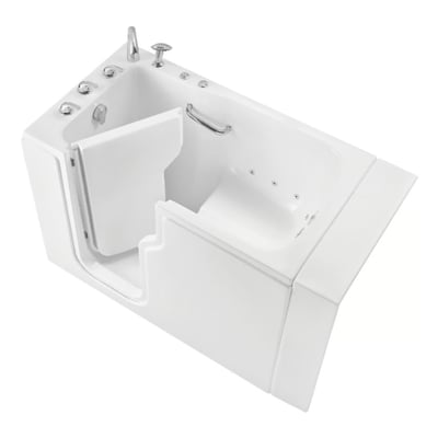 Bañera de acceso Ella Standard 30x52 de acrílico blanco con la puerta abierta, chorros de hidromasaje, barra de apoyo y entrada de escalón bajo, vista desde arriba