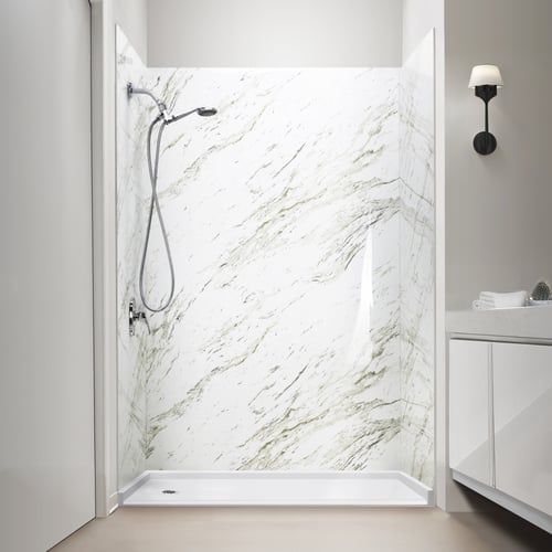 Ella Heritage Calacatta acrylic 3-panel shower wall surround with chrome handheld showerhead and white low-threshold base