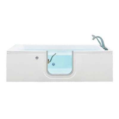 Front view of Ella lay-down 32x72 walk-in tub with open glass door, chrome faucet, and blue water fill