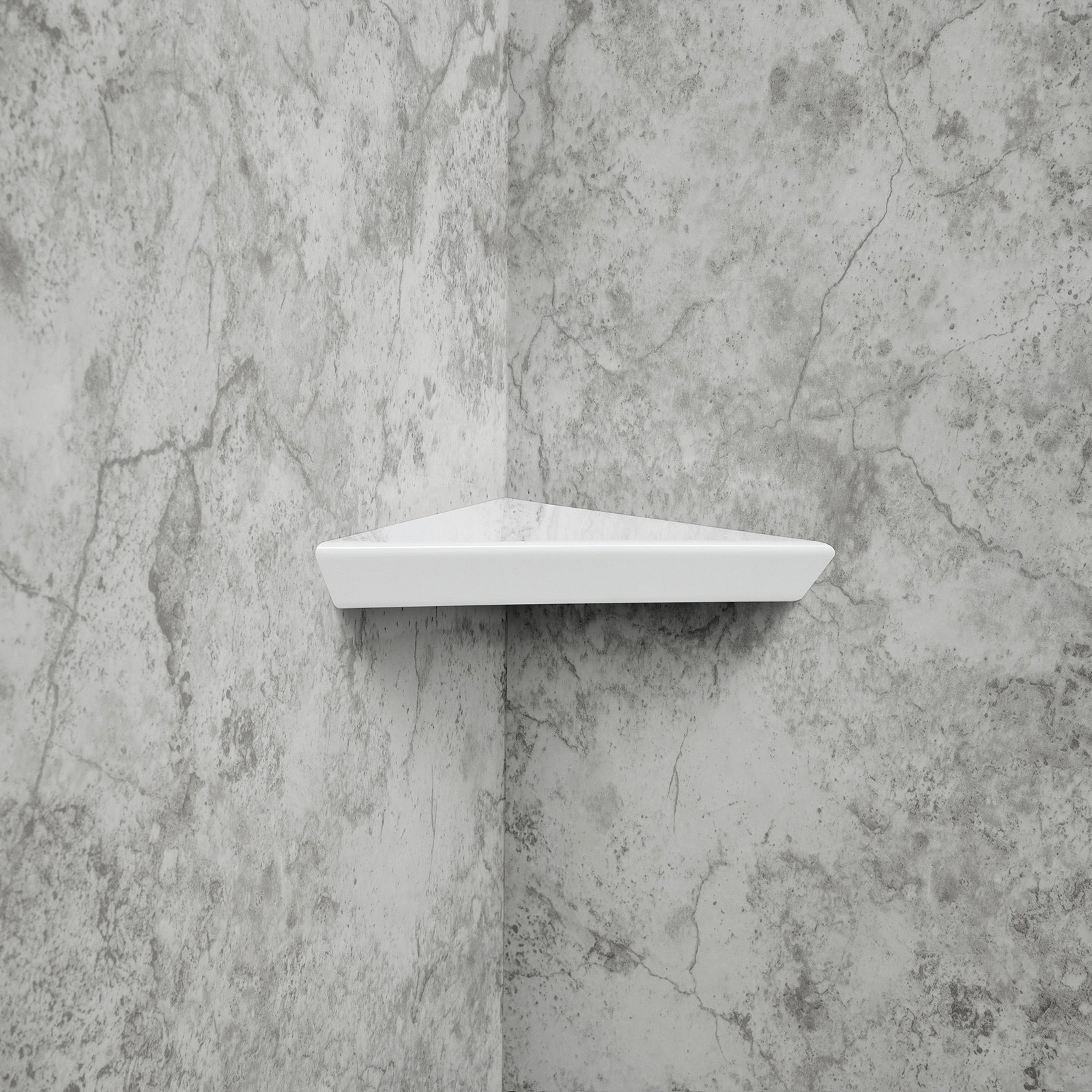 Glacier Grey Walk-In Tub Surround Wall Kit 40" x 52.5" x 60" - %3E - White triangular corner shelf mounted in an accessible shower stall with limestone-look acrylic wall panels