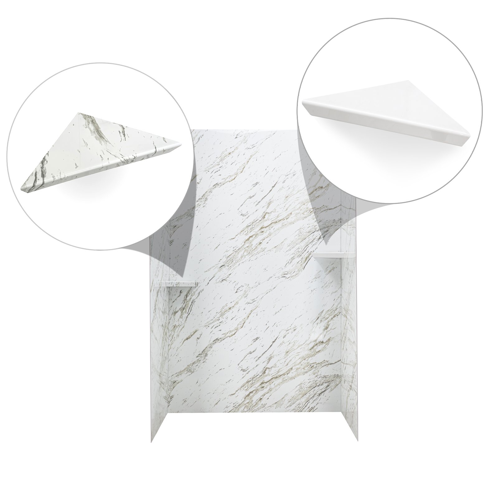 Ella's Bubbles Heritage Calacatta shower wall surround with matching marble and white corner shelf options highlighted