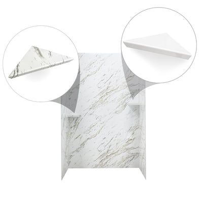 Ella's Bubbles Heritage Calacatta shower wall surround with matching marble and white corner shelf options highlighted