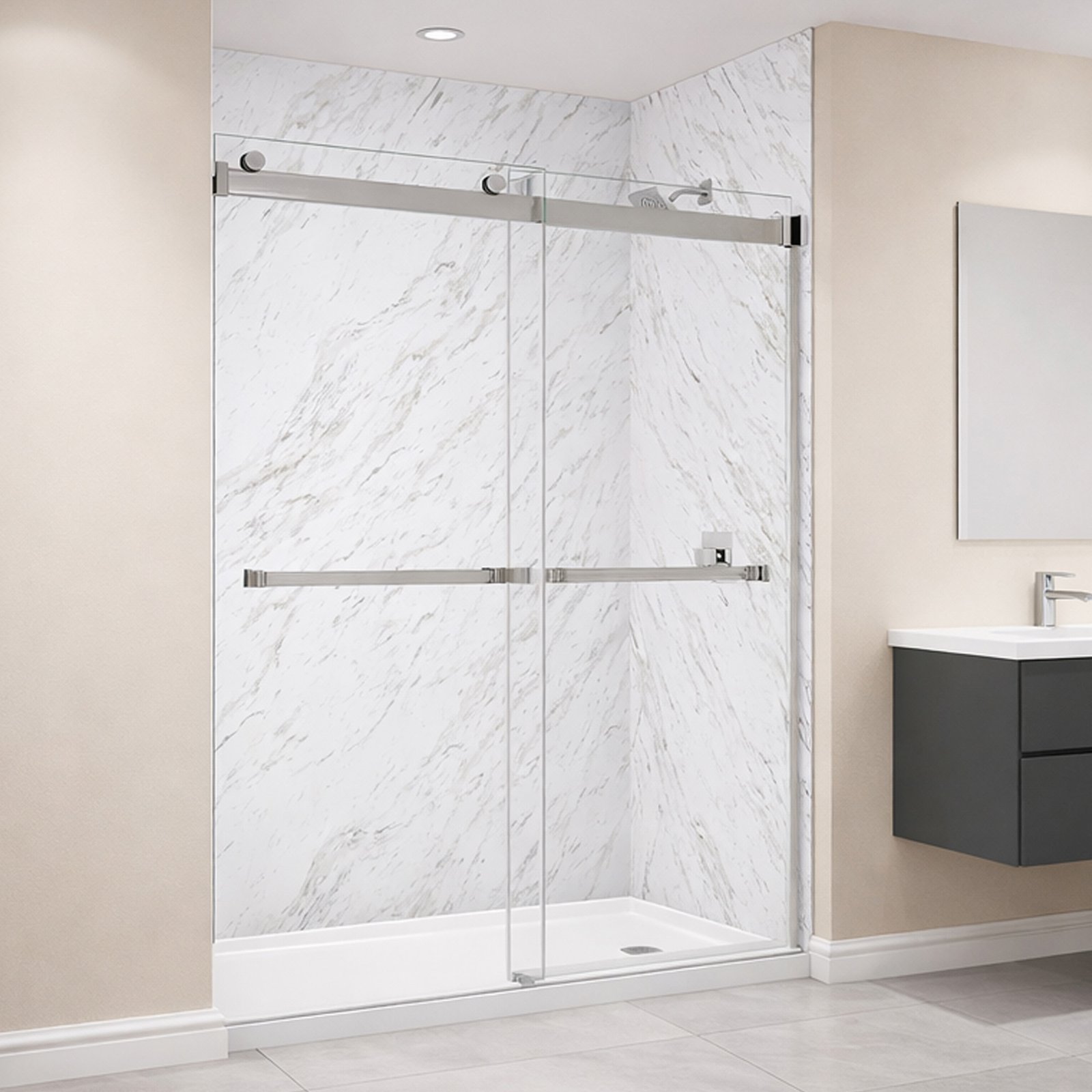 Ella accessible shower stall with Vintage Calcatta panel walls and frameless sliding glass doors in a modern bathroom