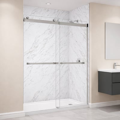 Ella accessible shower stall with Vintage Calcatta panel walls and frameless sliding glass doors in a modern bathroom