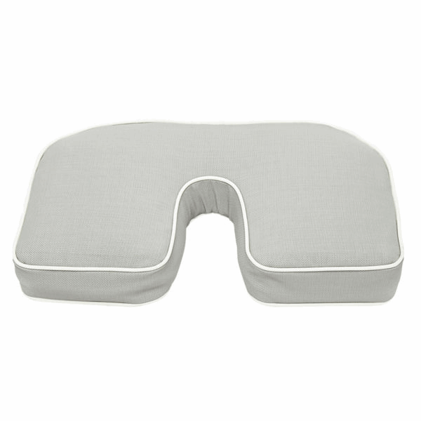 Gray U-shaped seat riser cushion pillow accessory for walk-in tubs with white piping trim