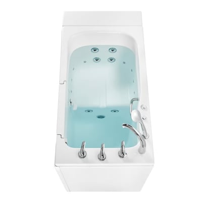 Liquidation : Baignoire à porte Ella Standard hydromassage 30"x52" avec porte et bonde à droite, N° de série S00471 - Overhead view of Ella Standard 30x52 walk-in tub filled with water showing hydro jets, chrome faucets, and side door entry