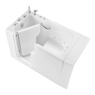 Bañera de acceso blanca Ella Standard 30x52 con puerta batiente de apertura interior, barra de apoyo cromada, chorros de hidromasaje y entrada de paso bajo.