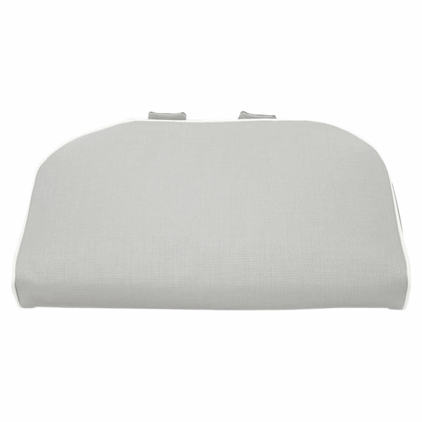 Light gray foam seat riser cushion with textured fabric cover and straps for walk-in tub accessibility