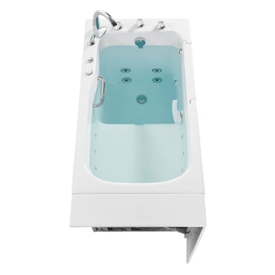 Liquidation : Baignoire à porte Ella Standard hydromassage 30"x52" avec porte et bonde à droite, N° de série S00471 - Overhead view of Ella walk-in tub with hydro massage jets, grab bar, side door, and chrome faucet fixtures on white background