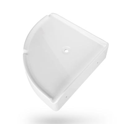 Étagère d’angle de douche blanche en SMC avec bord avant arrondi et trou d’évacuation central pour baignoire à porte ou douche accessible
