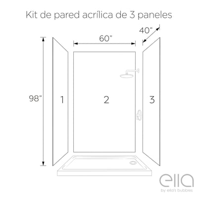 Diagrama en dibujo lineal de un kit de pared de acrílico de 3 paneles para una cabina de ducha de 40×60×105 pulgadas, con paneles etiquetados