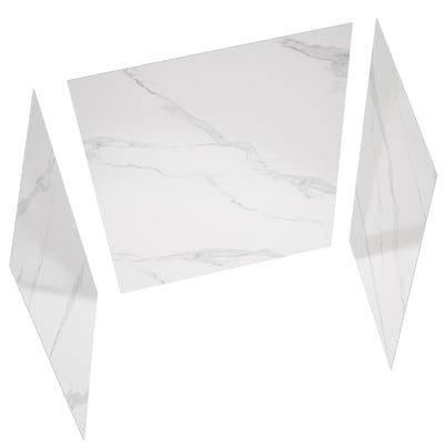 Three-panel shower wall surround kit in Calacatta Lux marble finish with gray veining on white background