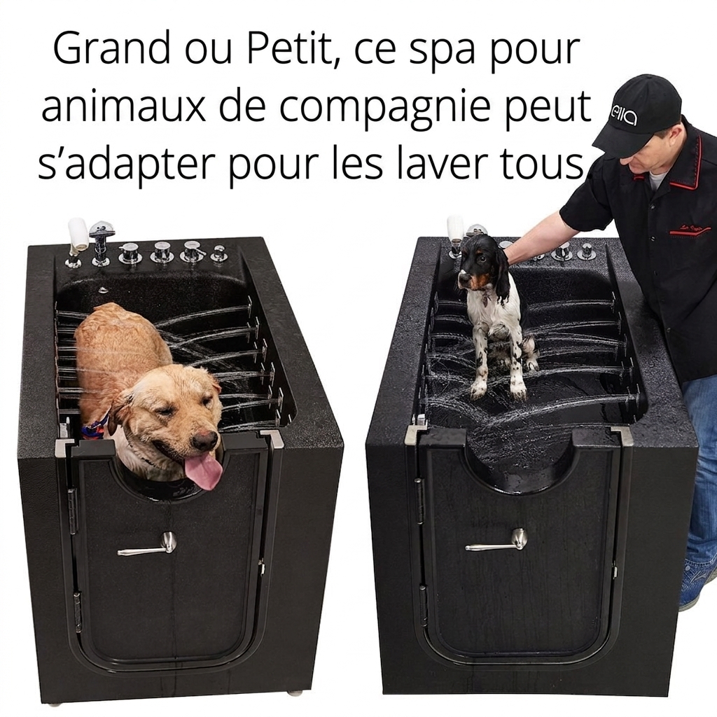 Un grand golden retriever et un petit épagneul lavés dans la baignoire de toilettage Pet Spa à microbulles d'Ella