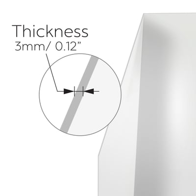 Close-up diagram showing 3mm thick white glossy shower wall panel edge with measurement callout