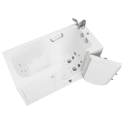 Ella walk-in tub with outswing door open, chrome grab bar and jetted footwell seen from the left
