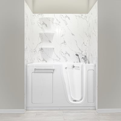 Ella Zen 60-inch economy walk-in tub with open door, chrome faucet, handheld shower, and marble surround wall panels