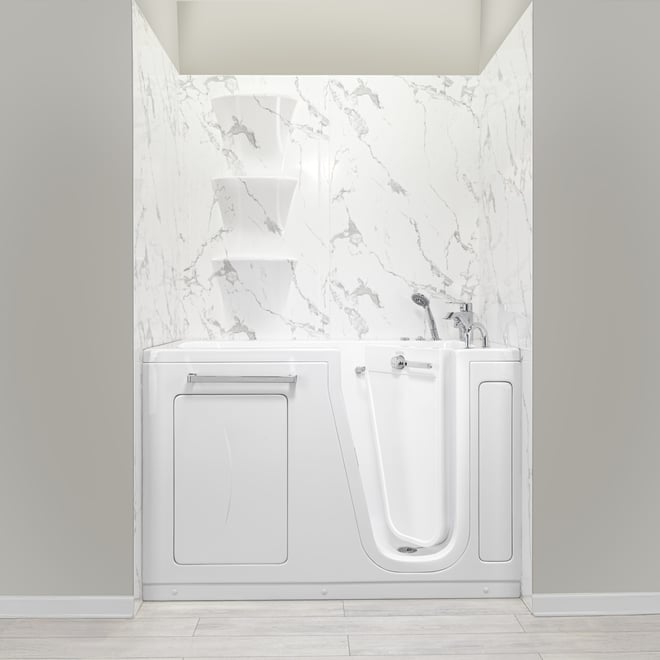Ella Zen 60-inch economy walk-in tub with open door, chrome faucet, handheld shower, and marble surround wall panels