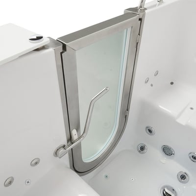 Close-up of the stainless steel outward swing glass door with ergonomic handle on the Ella Escape two-seat walk-in tub