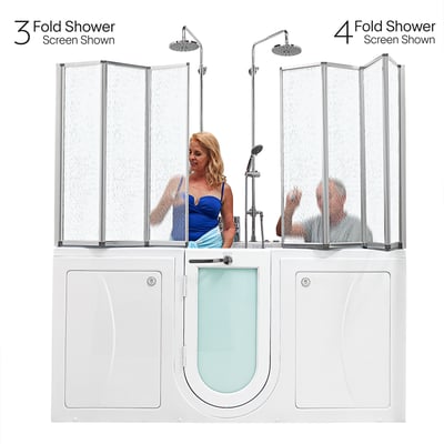 Studio comparison of a three fold and a four fold tempered glass shower screen fitted to a white walk in tub.