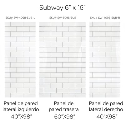 Diagrama de paneles de pared de ducha de acrílico blanco Subway 6x16 mostrando los tamaños de los paneles izquierdo, trasero y derecho para instalación de ducha accesible