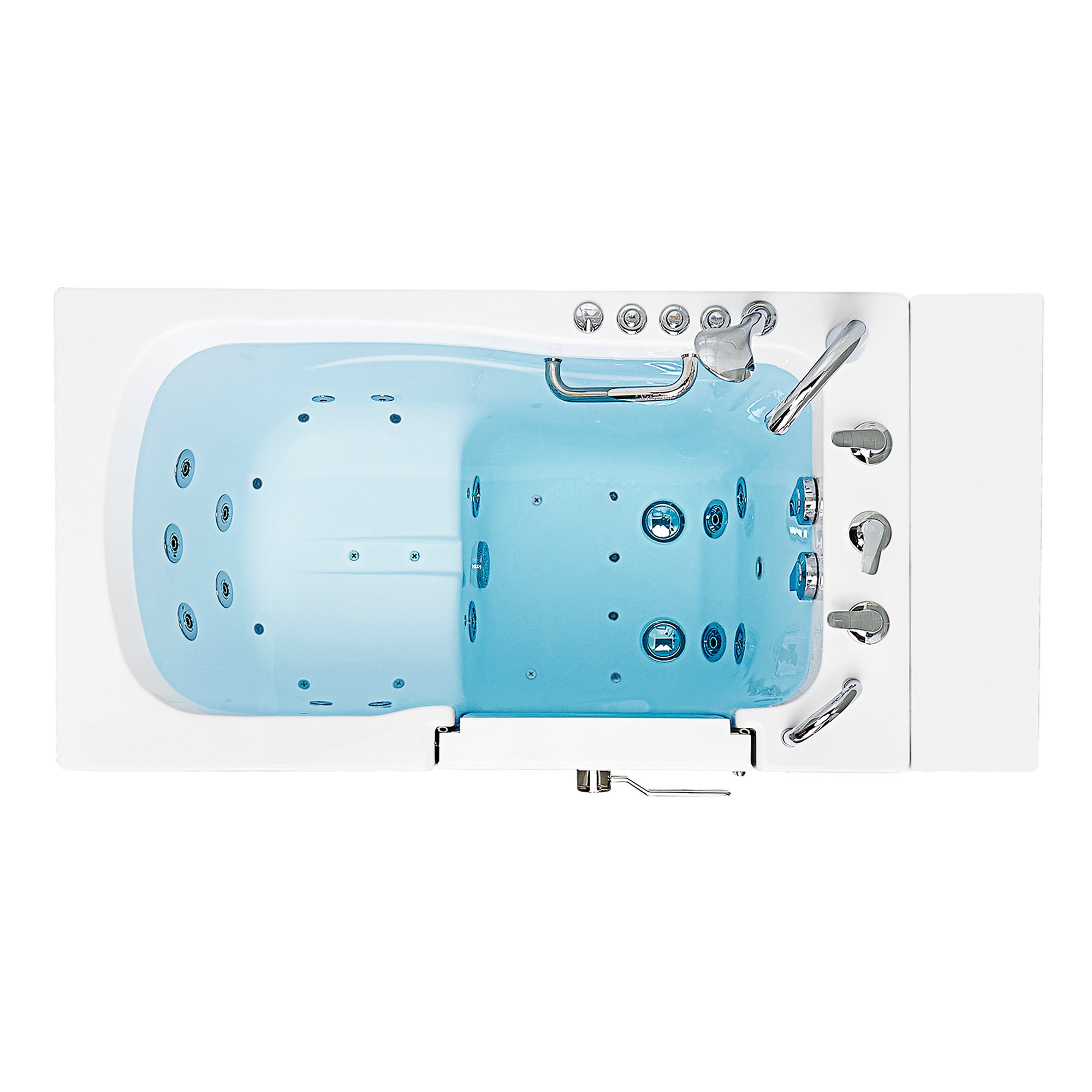 Vue plongeante de l'intérieur de la baignoire à porte Ella Capri montrant les jets de massage hydro et air, la barre d'appui et les commandes chromées