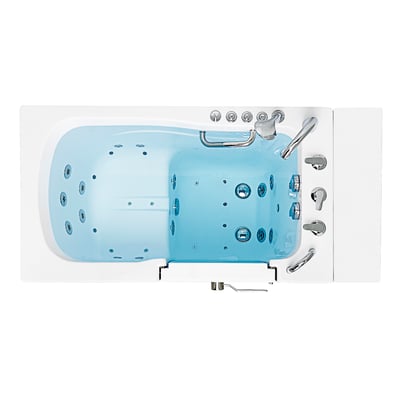 Overhead view of the Ella Capri walk-in tub interior showing hydro and air massage jets, grab bar, and chrome controls