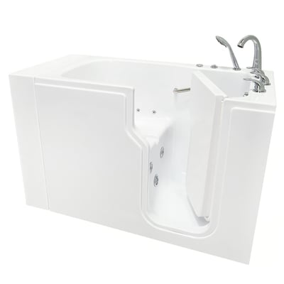 Ella Standard 30x52 white walk-in bathtub with side door, water jets, and chrome faucet fixtures
