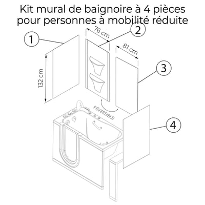 Habillage mural de douche en acrylique blanc avec deux étagères d'angle encadrant une baignoire à porte Ella's Bubbles
