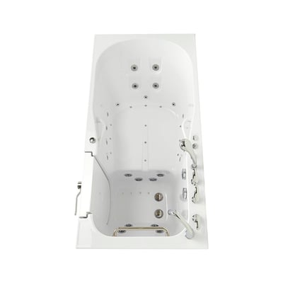 Overhead view of Ella walk-in tub with dual hydro and air massage jets, chrome faucet, outward swing door, and anti-slip floor