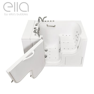 Ella's Bubbles Transfer32 wheelchair accessible walk-in tub with open door, air jets, and chrome faucet set