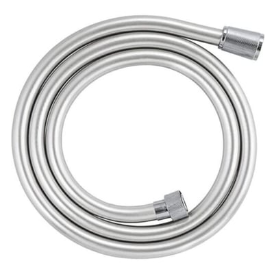 Hansgrohe Isiflex flexible silver handheld shower hose coiled with chrome connector fittings on white background