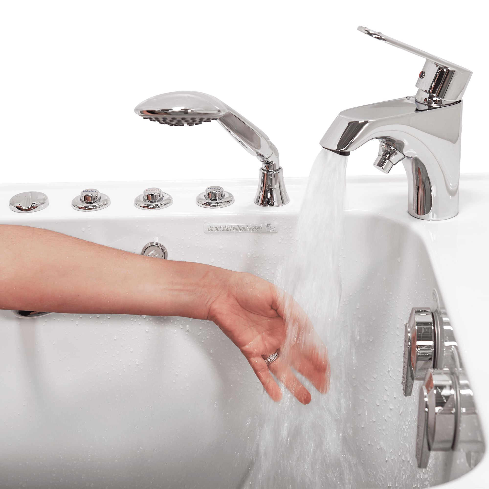 Ella 2-piece single lever fast-fill faucet filling a walk-in tub, with a hand testing the water
