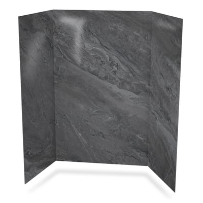 Three-panel Bardiglio marble-patterned acrylic shower wall surround in dark gray with white veining detail