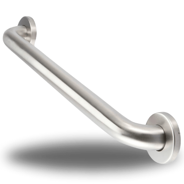 Brushed stainless steel straight grab bar with round wall flanges for walk-in tub or accessible shower safety