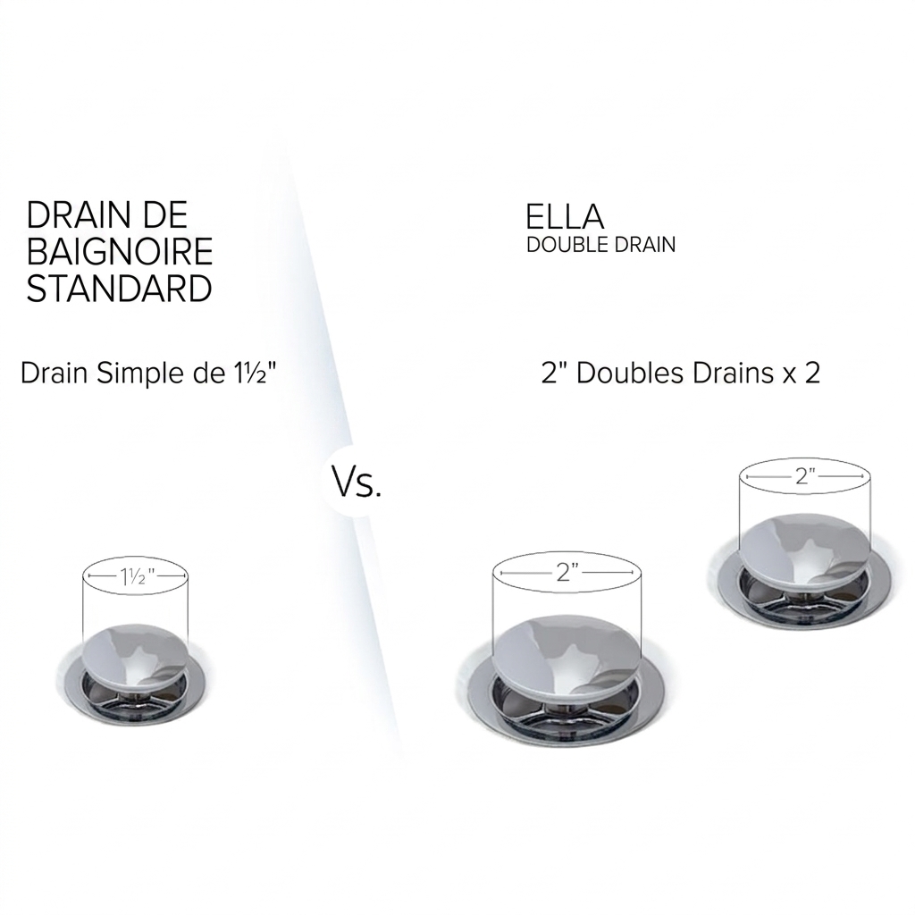 Graphique comparatif montrant un vidage de baignoire standard de 1,5 pouce par rapport au double vidage de 2 pouces de la baignoire à porte Ella pour une vidange plus rapide