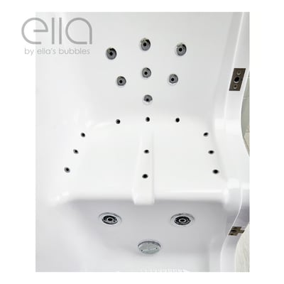Overhead view of Ella's Bubbles walk-in tub interior showing hydrotherapy jets, built-in seat, and chrome drain fittings