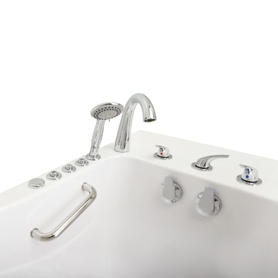 Close-up of chrome faucet, handheld showerhead, grab bar, and jet controls on the Ella Capri walk-in tub deck
