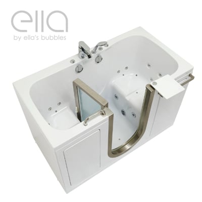 Bañera de acceso fácil acrílica de dos asientos Ella's Bubbles Companion con puerta abierta, doble chorro de hidromasaje y barra de sujeción de níquel cepillado.