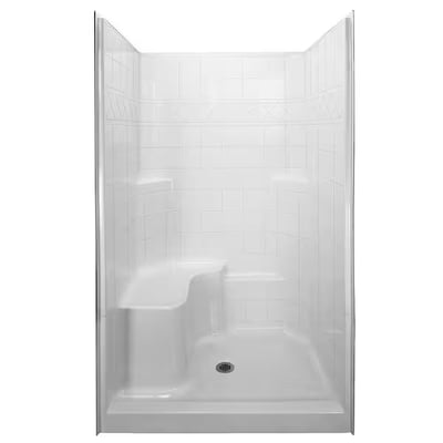 White Ella accessible shower stall with built-in left-side seat, dual corner shelves, and center drain on textured floor