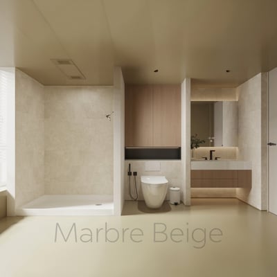 Cabine de douche carrelée Marbre Beige avec receveur à seuil bas, pomme de douche murale et panneaux d'habillage aspect pierre beige chaud