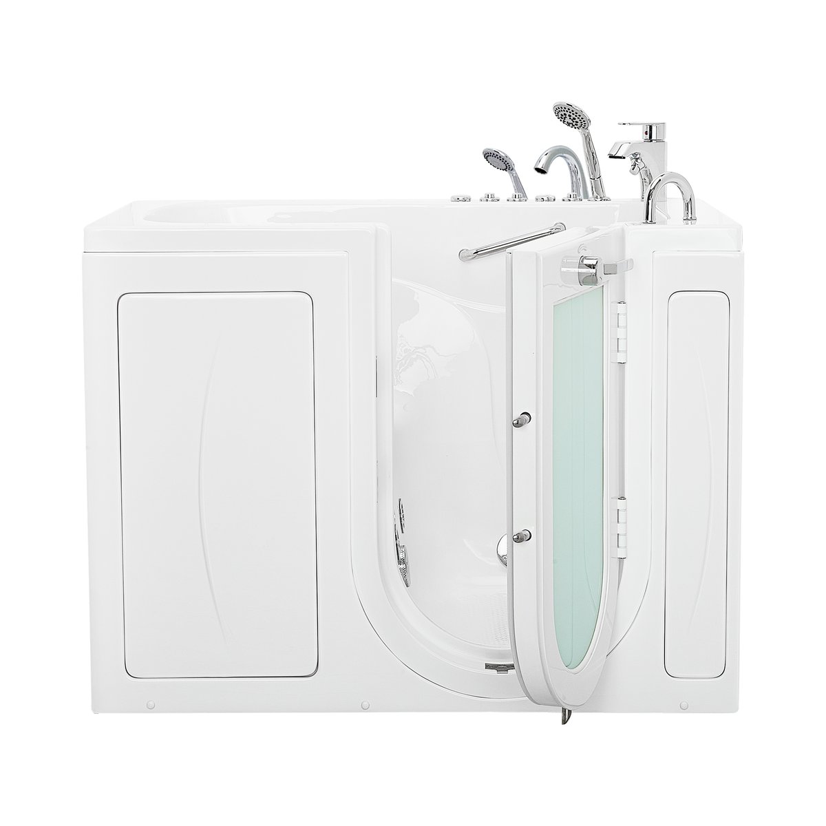 Bañera con puerta Ella con la puerta en U de apertura hacia fuera abierta, mostrando el marco y la jamba en los que encaja la puerta